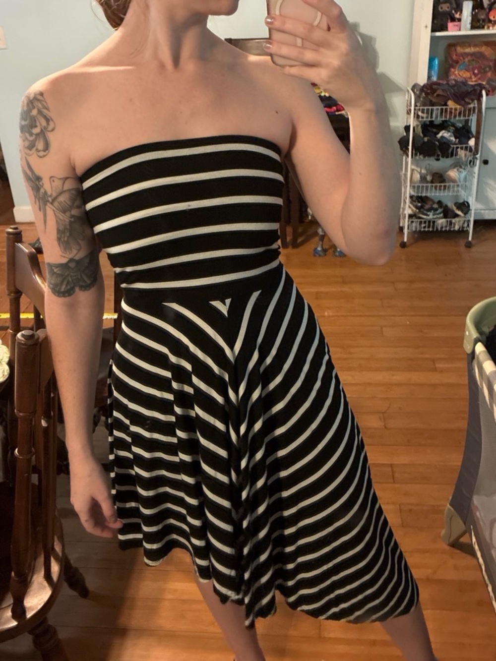 Black and White Strapless Stripe Skater Dress